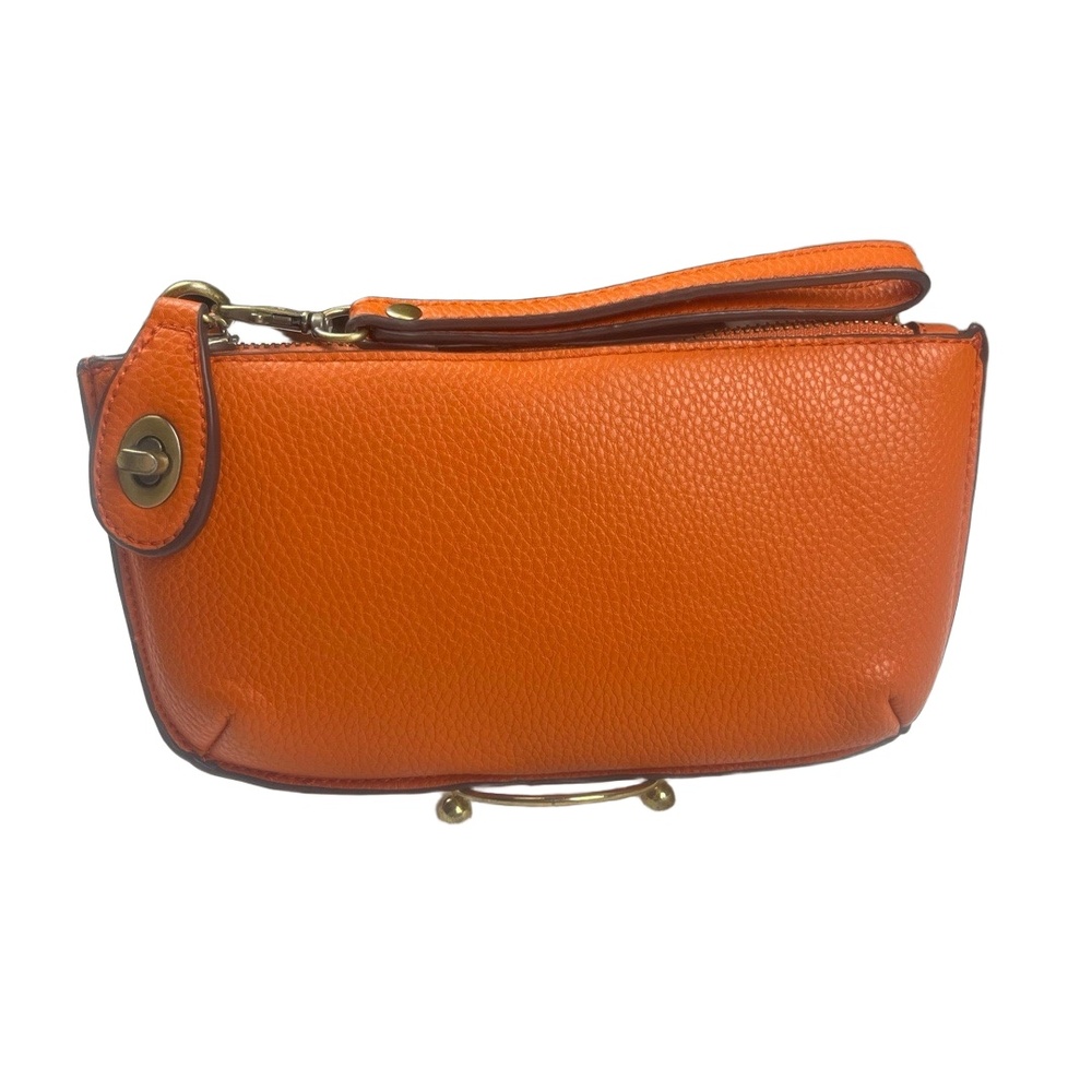 Joy Susan Wristlet/Crossbody Orange Pebble Vegan Leather Turn lock Chic